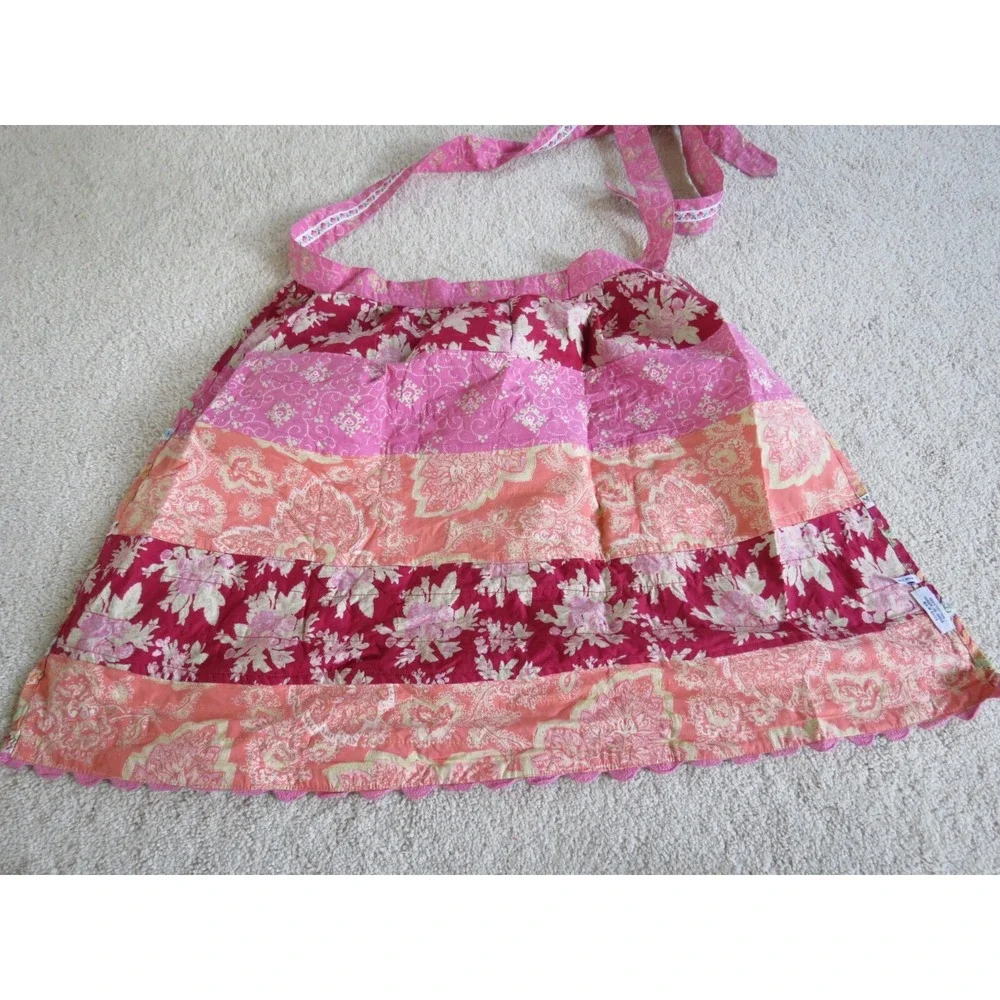 Cotton Embroidered Floral Apron 76 Inch Tie Red Pink OSFA